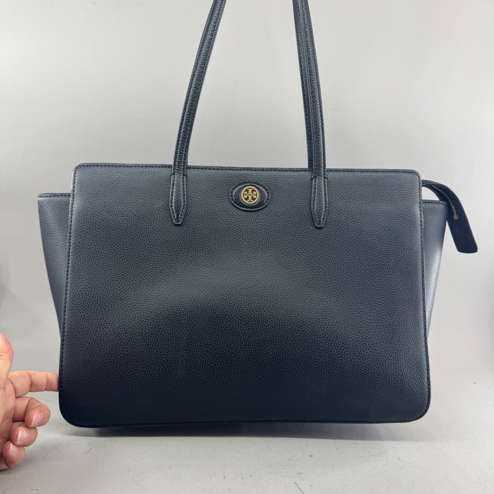 Tory Burch Womens Robinson Tote Pebbled Leather Gold Logo Black Handbag Large